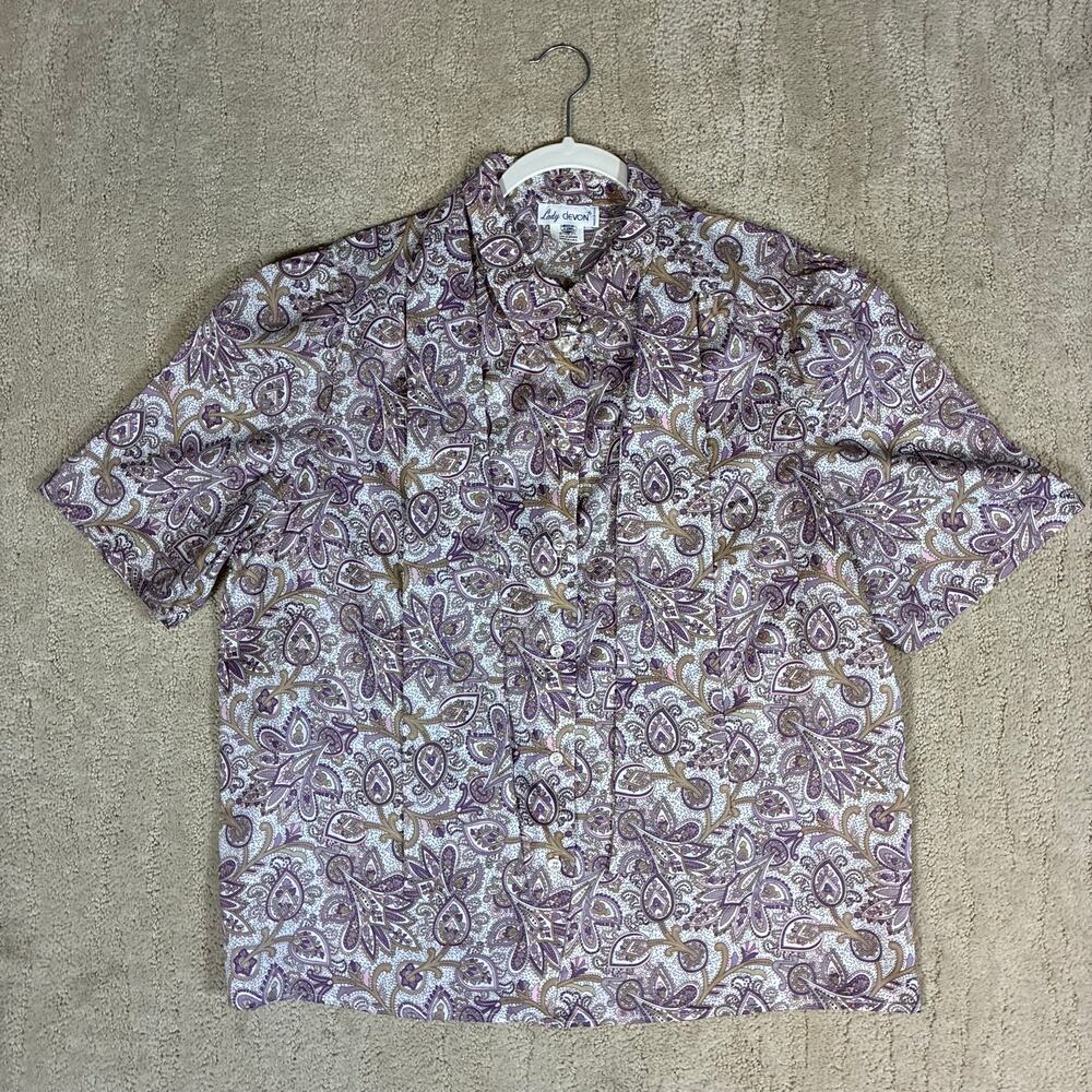 Vintage 70s Lady Devon Purple Paisley Neck Tie Short Sleeve Blouse Women 18W